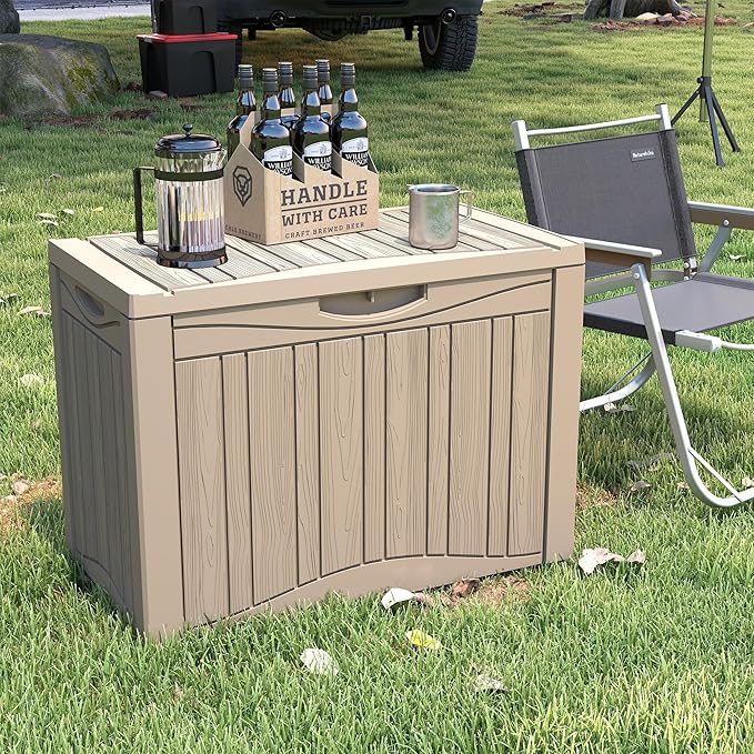 50 Gallon Waterproof Large Resin Deck Box Indoor/Outdoor Lockable Storage Container and Seating for Garden, Pool, and Patio (50 Gallon, Grey)