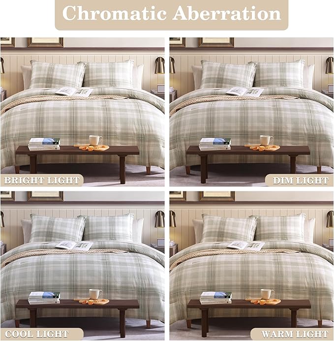 Beige Comforter Full Size, Khaki Green Plaid Full Size Comforter Sets for Boys & Girls,Classic Homestead-style Bedding Sets Full with Full Size Bed Sheets and Comforter Set
