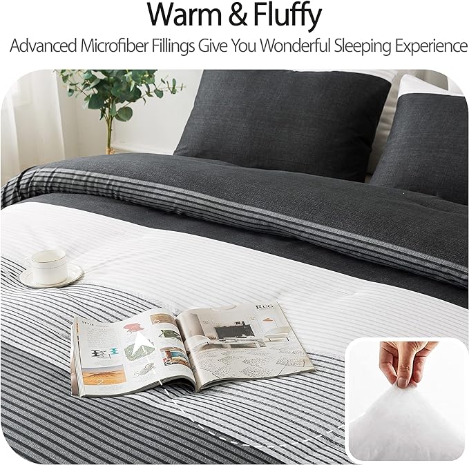 Andency Black Comforter King Size, 3 Pieces Black White Gray Patchwork Striped Comforter (104x90 Inch), Soft Microfiber Down Alternative King Comforter Bedding Sets with Corner Loops