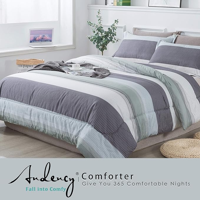 Andency Stripe Comforter Set Full Size (79x90 Inch), 3 Pieces Mint Green Patchwork Striped Comforter, Soft Microfiber Down Alternative Comforter Bedding Set with Corner Loops