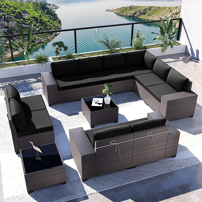 Kullavik 12PCS Outdoor Patio Furniture Set PE Wicker Rattan Sectional Sofa Patio Conversation Sets,Black