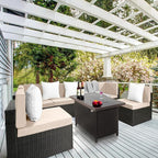 Pamapic 8 Pieces Patio Furniture Set Conversation Sofa with 42 Inch 50,000 BTU Auto-Ignition Outdoor Fire with Glass Wind Guard, Wicker Sofa (Black Wicker, Beige Cushions)