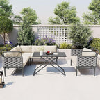 5-Piece Outdoor Furniture Sectional Conversation Sofa Set with Loveseat, Glass Table and Removable Cushions, All Weather Patio Woven Rope L-Shaped Couch for Garden Backyard, Gray+Beige