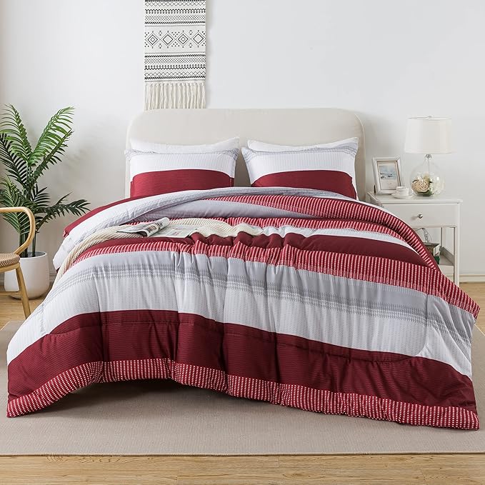 Litanika Red Comforter Set King, 3 Pieces Boy Men Women Girls Christmas Comforter Bedding Set, Burgundy White Colorblock Stripe for Winter (104x90In Comforter & 2 Pillowcases)