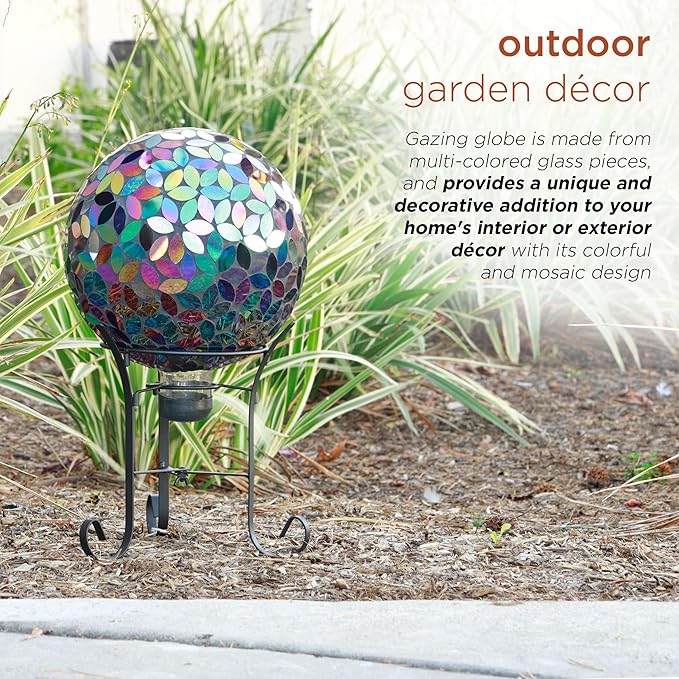 Alpine Corporation 10" Diameter Indoor/Outdoor Glass Mosaic Gazing Globe Yard Decoration, Purple Pearlized Petals Design