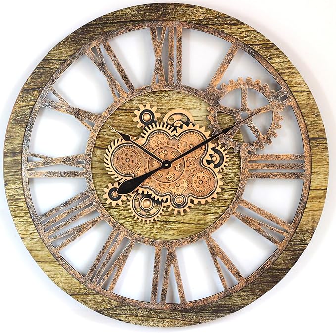 The Gears Clock 36'' Inch Real Moving Gear Wall Clock Vintage Industrial Oversized Rustic Farmhouse (Gold Antique)