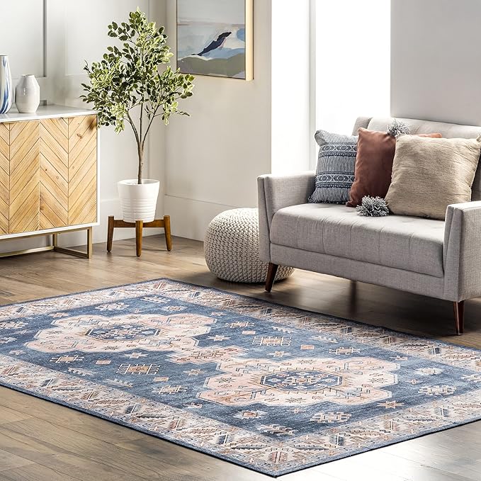 nuLOOM Norma Machine Washable Traditional Medallion Ultra Thin Area Rug, 3' x 5', Blue