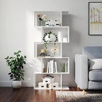 Yusong Bookshelf 5-Tier, Geometric Bookcase S Shaped Book Shelves for Bedroom, Modern Wood Decorative Display Shelf Book Case for Home Office, White