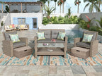 4-Piece Rattan Patio Furniture Sets, All Weather Outdoor Sectional Sofa Loveseat with Ottoman,Soft Cushions&Glass Table w/Shelf, Wicker Conversation Couch for Garden Backyard, Onesize, Gray