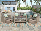 Set, 4 Piece Outdoor Wicker Rattan Sectional Sofa with Glass Table, Ottoman and Soft Cushions, Front Porch Apartment Patio Furniture for Backyard Lawn Garden, Onesize, E-Gray-e