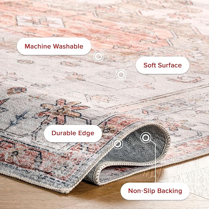 nuLOOM 2x3 Machine Washable Rain Haven Vintage Medallion Area Rug, Beige, Traditional Faded Design, Non-Slip Backing, Stain Resistant, For Bedroom, Dining Room, Living Room, Kitchen
