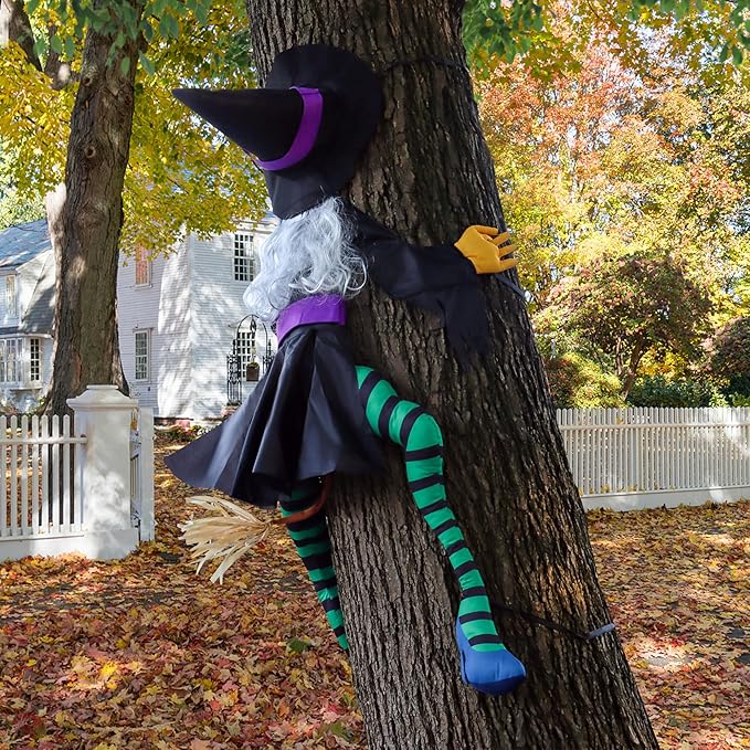 POPGIFTU 63" Crashing Witch Halloween Decoration – Flying Witch on Broom Into Tree Outdoor Yard Prop for Porch, Lawn, Garden, Pillars, Door, or Haunted House Decor