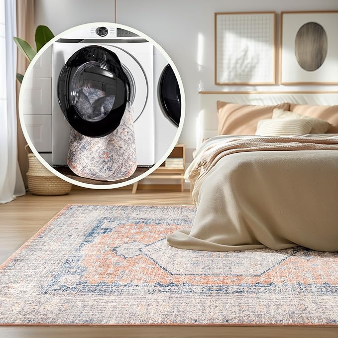 nuLOOM 2x3 Machine Washable Rain Haven Vintage Medallion Area Rug, Peach, Traditional Faded Design, Non-Slip Backing, Stain Resistant, For Bedroom, Dining Room, Living Room, Kitchen