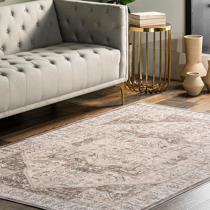 nuLOOM 5x8 Machine Washable Rain Haven Vintage Medallion Area Rug, Brown, Traditional Faded Design, Non-Slip Backing, Stain Resistant, For Bedroom, Dining Room, Living Room, Kitchen