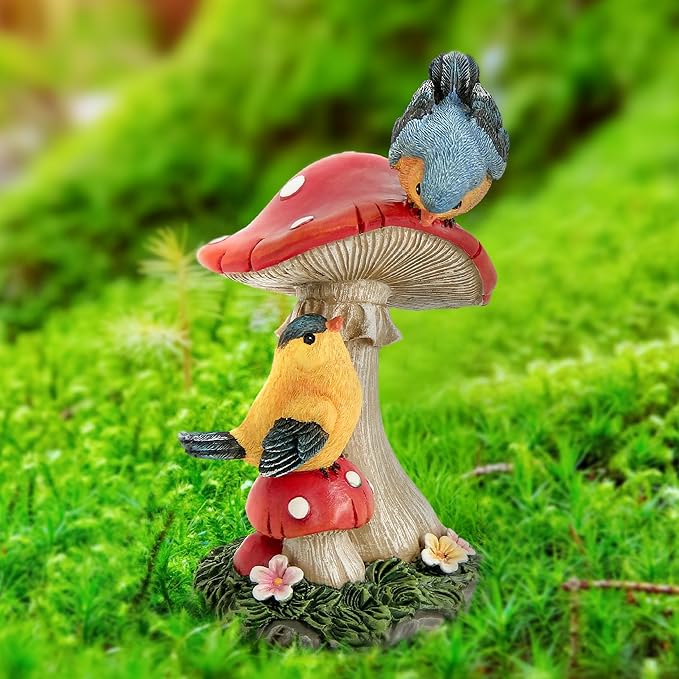 Leekung Bird Garden Statue for Outdoor Decorations,Bird Figurines Mushroom Statue for Garden Decor,Birds Decoration for Garden Patio Yard Lawn Home Shelf Decor Accent,Birds Gifts for Mom