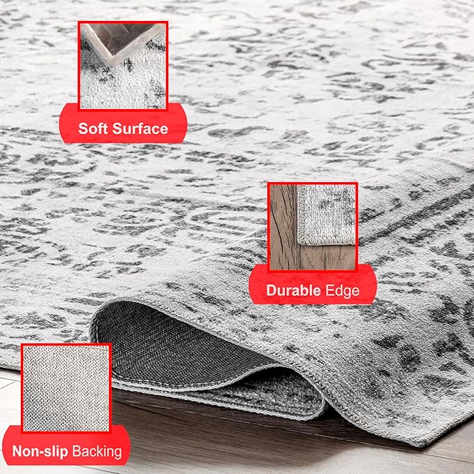 nuLOOM Bess Persian Vintage Machine Washable Ultra Thin Area Rug, 4' x 6', Ivory