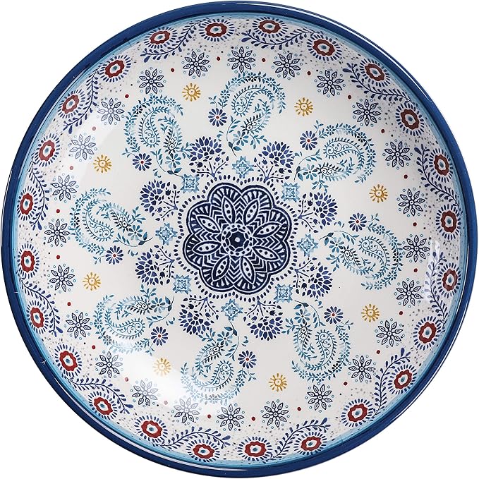 Bico Blue Talavera Pasta Bowls, 35oz Salad Bowl Set of 4, Large Ceramic Serving Dinner Bowls for Soup and Cereal, Microwave and Dishwasher Safe, Gift for Housewarming and Thanksgiving