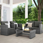 Wisteria Lane 4 Piece Outdoor Patio Furniture Sets, Wicker Conversation Set for Porch Deck, Grey Rattan Sofa Chair with Cushion （Dark Grey