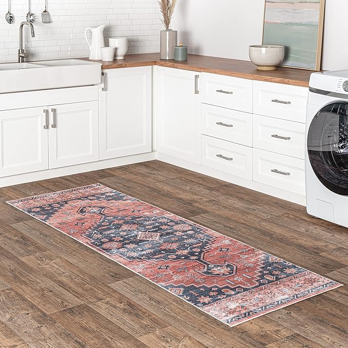 nuLOOM Medallion Bordered Machine Washable Ultra Thin Runner Rug, 2' 6" x 10', Rust