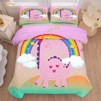 Tailor Shop Dinosaur Girls Comforter Set Queen Size,Rainbow Pink Dinosaur Bedding Set,Cartoon Dino Comforter Sets for Kids Teens，Dinosaur Bed Set,with 1 Comforter 2 Pillowcase