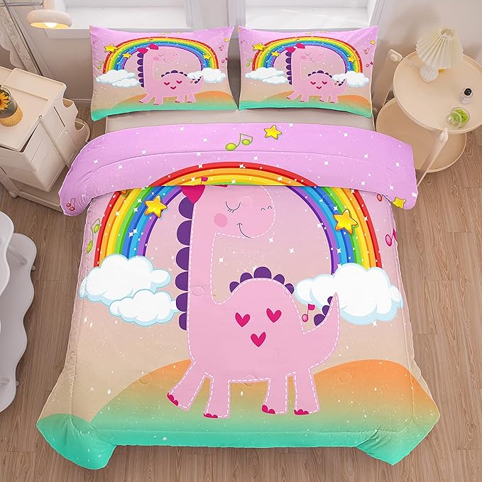 ailor Shop Pink Dinosaur Bedding Set Twin Size,Dinosaur Comforter Set for Girls,Cartoon Rainbow Dino Comforter Sets for Kids Teens，with 1 Comforter 1 Pillowcase…