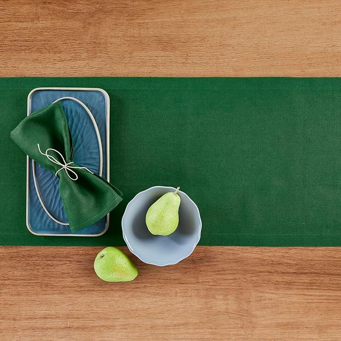 Solino Home Linen Pine Green Table Runner 90 Inches Long - 100% Pure Linen 14 x 90 Inch Table Runner for Fall, Autumn, Thanksgiving - Fete