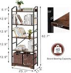 Vagusicc 5 Tier Bookshelf with 2 Storage Baskets, Tall Bookcase Shelf Storage Organizer Wood Book Shelf, Modern Shelf Rack Shelves with Steel Frame, Multipurpose Bookshelf for Bedroom Living Room