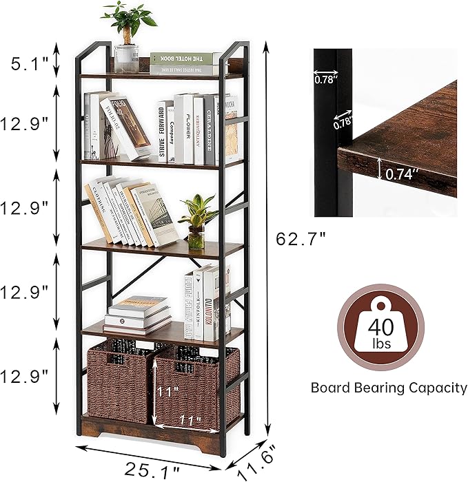 Vagusicc 5 Tier Bookshelf with 2 Storage Baskets, Tall Bookcase Shelf Storage Organizer Wood Book Shelf, Modern Shelf Rack Shelves with Steel Frame, Multipurpose Bookshelf for Bedroom Living Room