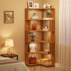 6-Shelf Corner Bookshelf, 65” Tall L Shaped Bookcase, 6-Tier Industrial Corner Shelf Storage Display Rack for Living Room Home Office, Wood Grain Walnut