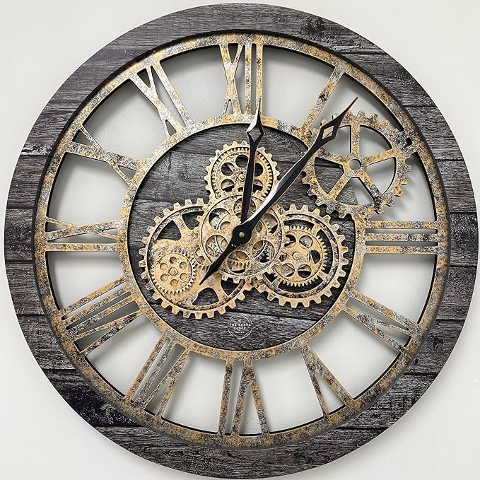 The Gears Clock The Original Real Moving Gear Wall Clock Vintage Industrial Oversized Rustic Farmhouse (24 inch (60cm), Vintage Carbon Grey and Bronze)