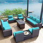 Kullavik 13 Pieces Outdoor Patio Furniture Set with 43" 55000BTU Gas Propane Fire Pit Table PE Wicker Rattan Sectional Sofa Patio Conversation Sets,Blue