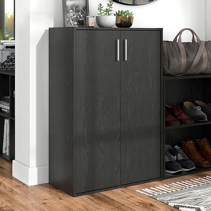 Apexa Stackable Wood Bookcase with Doors, Cube Storage Organizer Shelves, Small Food Pantry, Dorm Teen Room Decor & Bedroom, Home Office, Kitchen, 3-Tier Cabinet, Black