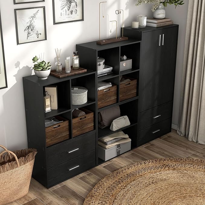 Apexa 2-Tier Cube Storage Organizer Shelves, Stackable Wood Bookcase Fits Cubby Bins for Organization, Dorm Teen Room Decor & Home Office, Black
