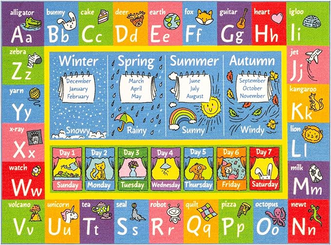 KC Cubs Playtime Collection ABC Alphabet, Seasons, Months and Days of The Week Educational Learning & Game Area Rug Carpet for Kids and Children Bedrooms and Playroom