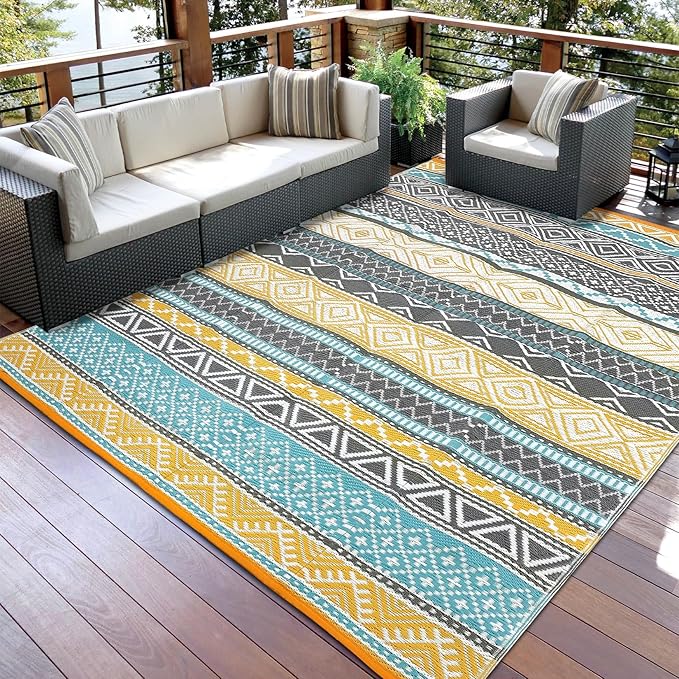 GAOMON Outdoor Plastic Straw Rug, 10'x20' Reversible Sage Green Patio Mat, Flower Modern Design for RV, Backyard, Deck, Camping, Picnic, Teal/Yellow(Bohemia)