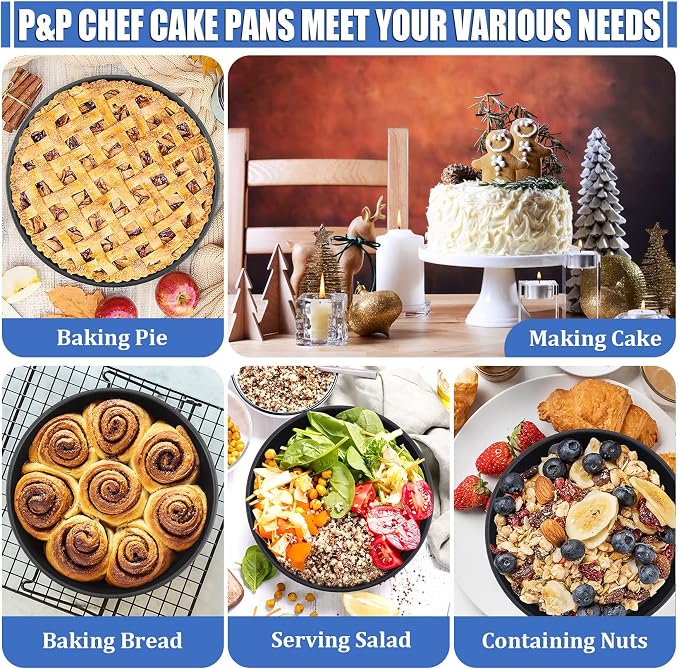 P&P CHEF 9.5 Inch Cake Pan Set, 2Pcs Non-stick Round Baking Cake Pans Tins | Stainless Steel Core & Nonstick Coating, Good for Baking Layer Tier Cakes for Birthday Wedding, Deep Side & One-piece Design