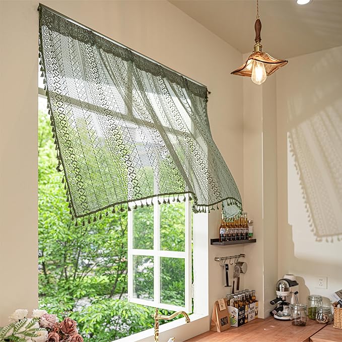 Sutuo Home Olive Green Boho Valance Curtains Crochet Lace Sheer Bohemian Hollow Knitted with Tassels, Privacy Vintage French Retro Farmhouse Tier for Kitchen Bedroom, Rod Pocket 1 Panel 59" W x 24" L