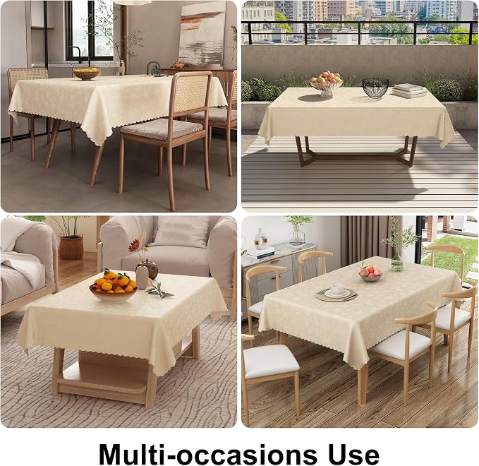 Smiry Rectangle Waterproof Heavy Duty Vinyl Tablecloths, 60 x 84 Inch | Wipeable Washable Floral Embossed Table Cover for Kitchen and Dining Room, Indoor & Outdoor Use, Beige