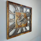 The Gears Clock 24'' Inch Square Real Moving Gear Wall Clock Vintage Industrial Oversized Rustic Farmhouse (Vintage Brown)