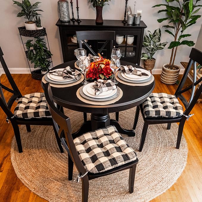 Barnett Home Decor Dining Chair Pad with Ties - Buffalo Check Black & Ivory Size Medium 16.5 x 18 - Latex Foam Filled Cushion, Reversible, Made in USA (Black & White, Medium)…