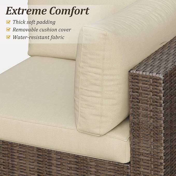 SUNVIVI OUTDOOR 7 Piece Patio Sectional Sofa Outdoor All Weather Brown PE Wicker Furniture Set, Paito Conversation Sofa Set with Glass Table, Removable Beige Cushions