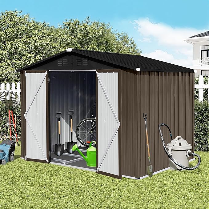 Storage Shed 8ft×6ft Classic Apex Roof Tool Shed Outdoor Storage Metal Garden Storage Sheds Tool Cabinet with Hinged Door Syste for Backyard, Patio, Poolside, Brown + Black