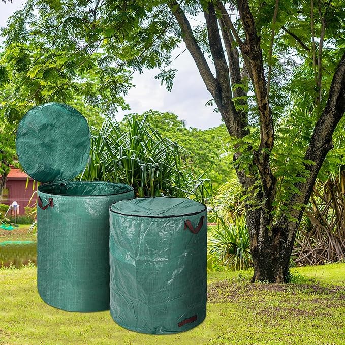 Kingdder 2 Pack 132 Gallon Reusable Yard Waste Bags with Lid and Handle Collapsible Extra Large Lawn Bag Holder Heavy Duty Leaf Bins Garden Container for Garbage Outdoor Clean Up Debris Leaves Grass