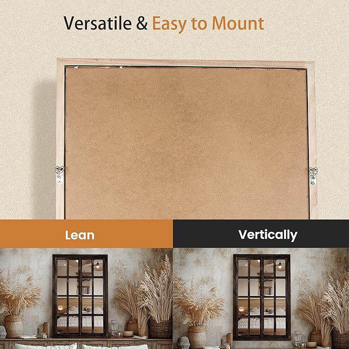 Wall Mirror with Window Design, 38"x26" Rustic Farmhouse Wood Mirror for Wall Decor, Decorative Vintage Mirror for Living Room, Bedroom, Entryway