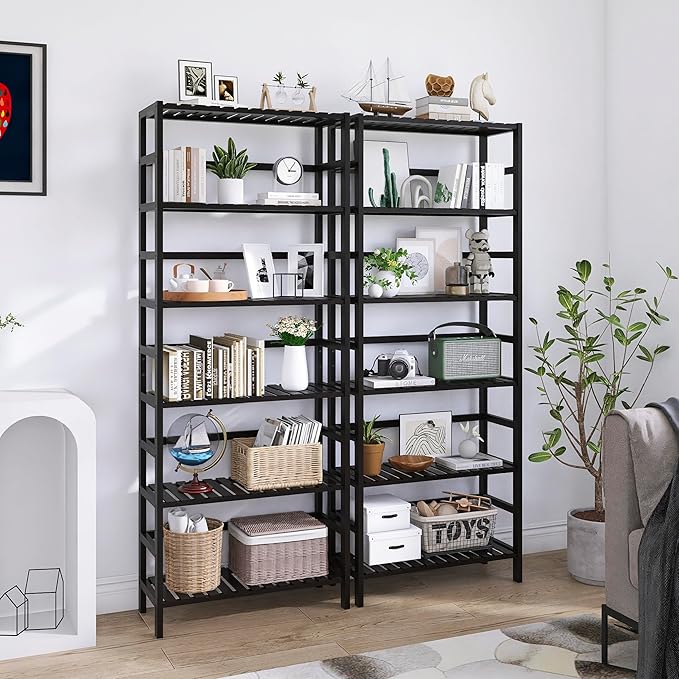Bamboo Bookshelf, 6-Tier Tall Open Bookcase with Adjustable Shelves, Floor Standing Storage Shelf Unit for Living Room Bathroom Home Office, Black