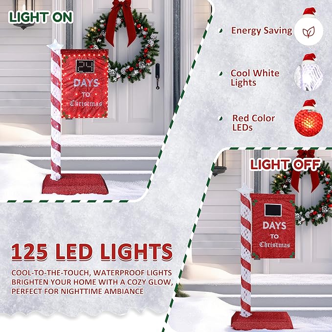 5FT Lighted Christmas Countdown Sign, Remote Control Available Within 0-60 Days, Holiday Countdown Sign Decor with 125 LED Lights, Freestanding Glittered Holiday Display for Outdoor, Indoor