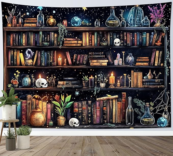 HVEST Magic Bookshelf Tapestry Wall Hanging Vintage Bookshelf Witchy Books Plant Skull Gothic Halloween Wall Decor Starry Sky Tapestry for Bedroom Living Room Dorm, 60L x 80W Inches