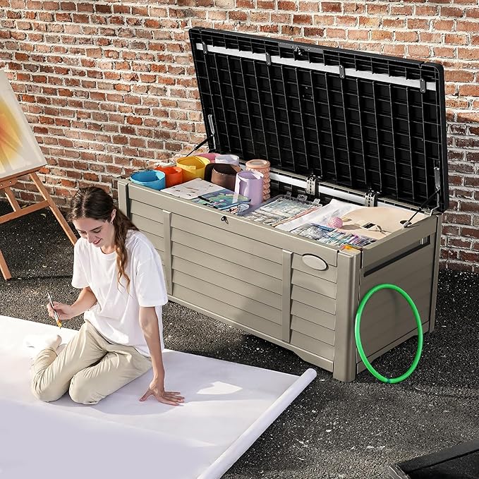 DWVO 120 Gallon Outdoor Storage Box, Large Resin Deck Box with Louver Design, Lockable Patio Storage Bin for Indoor and Outdoor Use, Pillows, Tools, and Pool Supplies -Black & Brown