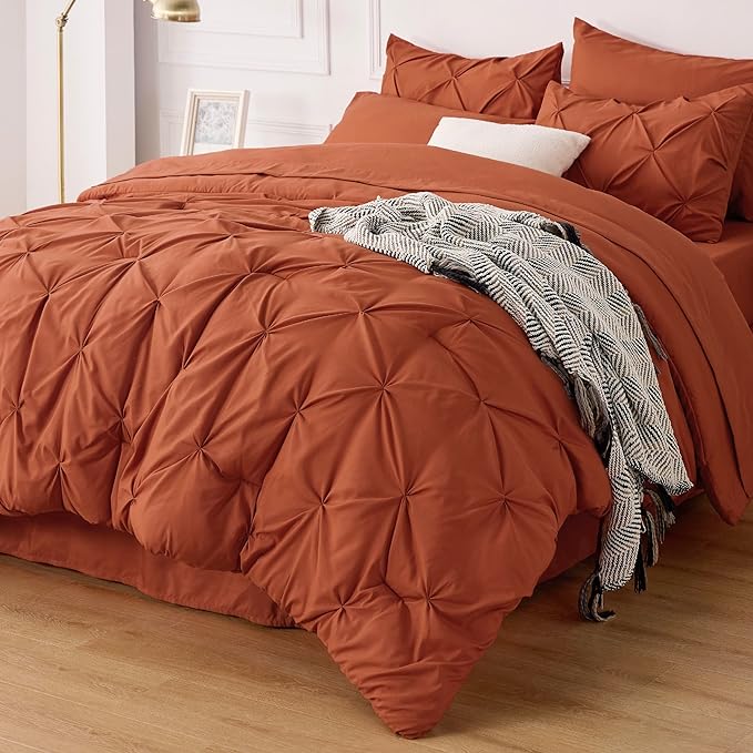 Bedsure Bed in a Bag Queen 7 Pieces - Queen Size Comforter Set, Pintuck Bedding Sets Burnt Orange Bed Set with Comforter, Sheets, Pillowcases & Shams