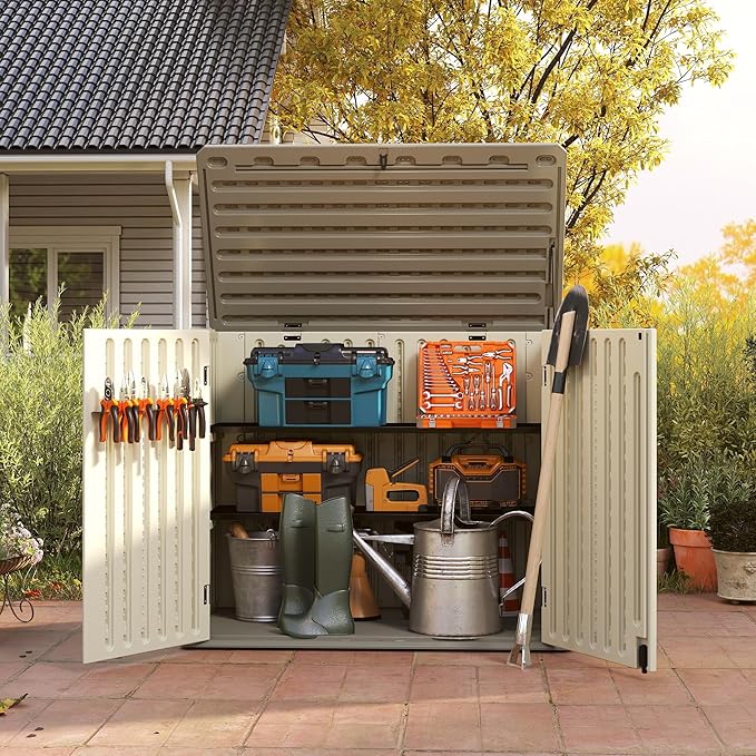 Vertical Resin Storage Shed with 2 Shelves, 47 Cuft Garden Tool Sheds & Outdoor Storage, Plastic Outdoor Storage Cabinet Waterproof, 4.5x2.8 ft Backyard Outside Lawn Mower Storage Shed, Vanilla